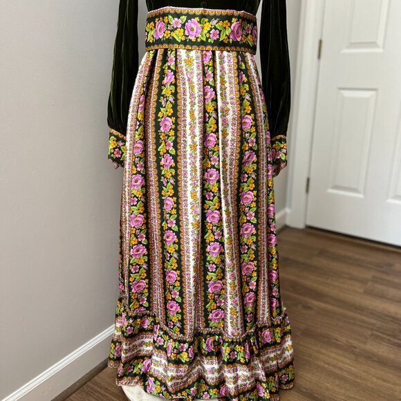 Vintage 70s Velvet Floral Cottage Prairie Peasant Maxi Dress Sz S - Picture 11 of 14